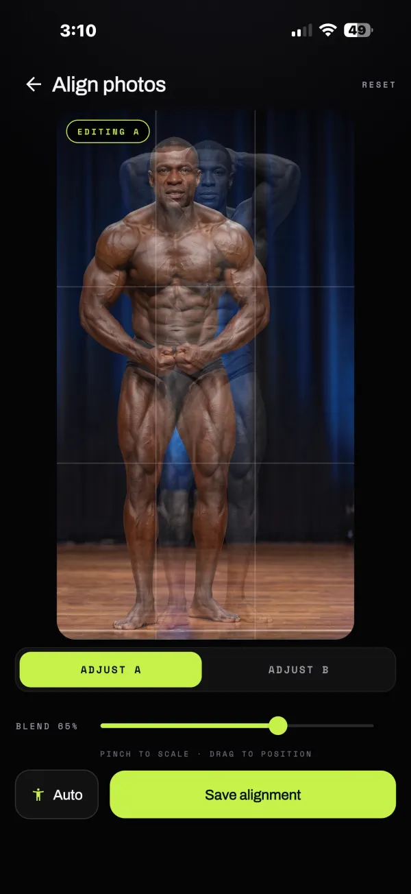 Align screen overlaying two photos to line them up