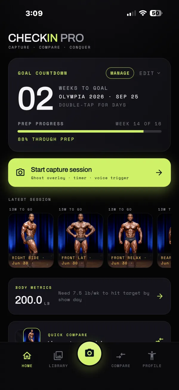 Home screen with a weeks-to-show countdown, prep progress and the latest session