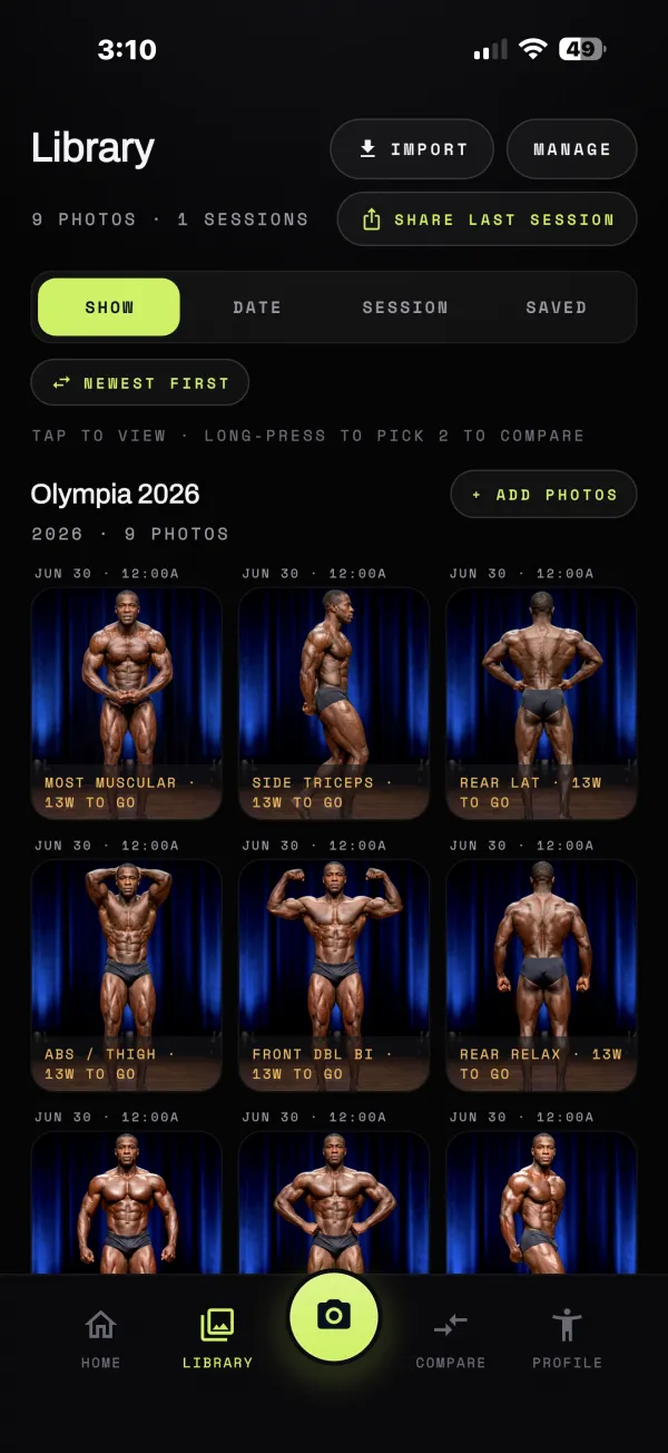 Photo library organized by show, with pose names and weeks out