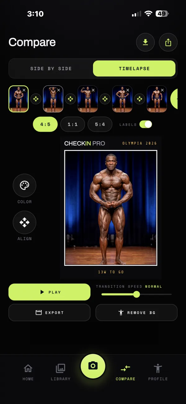 Timelapse builder with a strip of selected photos and a preview